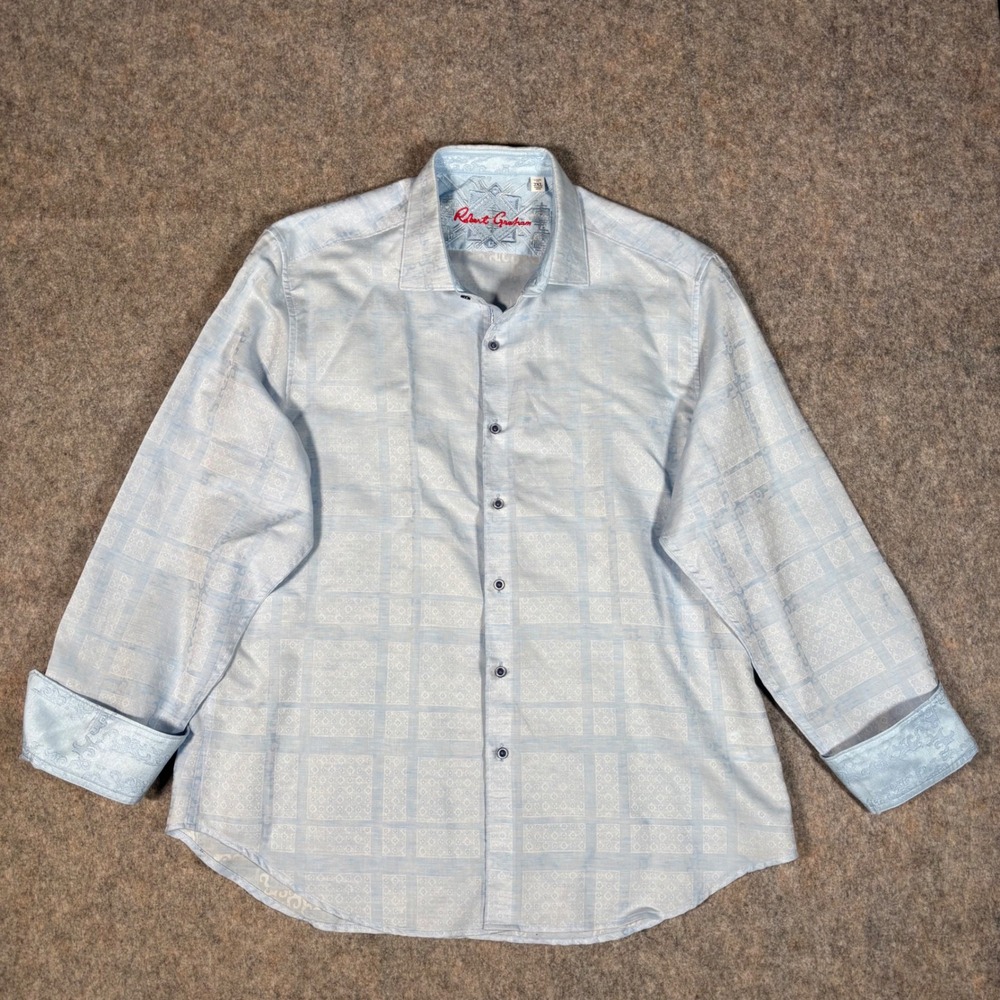 Robert Graham‎ Button Down Shirt Mens 2XL Blue Linen Blend Jacquard Geometric
